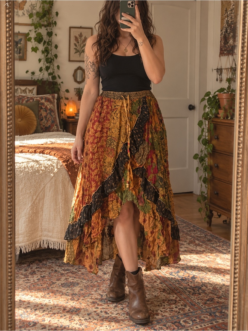 Boho Ruffled High-Low Patchwork Skirt in Mustard Multi